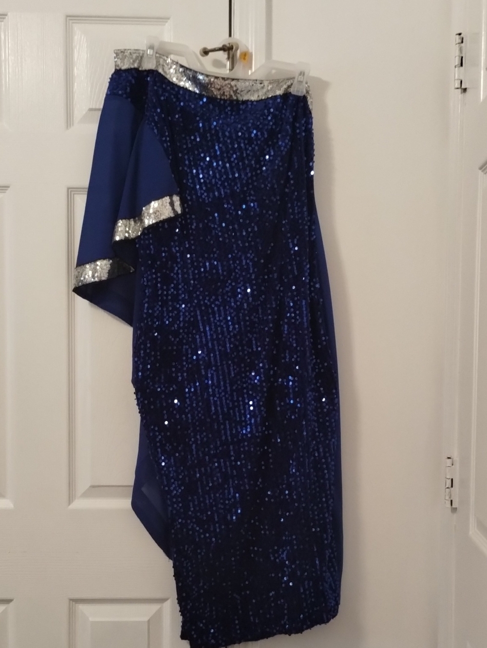Women’s Sequin Asymmetrical Skirt in Royal Blue with Silver Trim